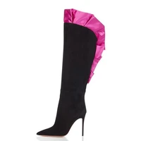 winter party pumps rose red pleated lace boots womens 12cm knee high boots pointed toe slip on sexy stiletto trimming decor shoe