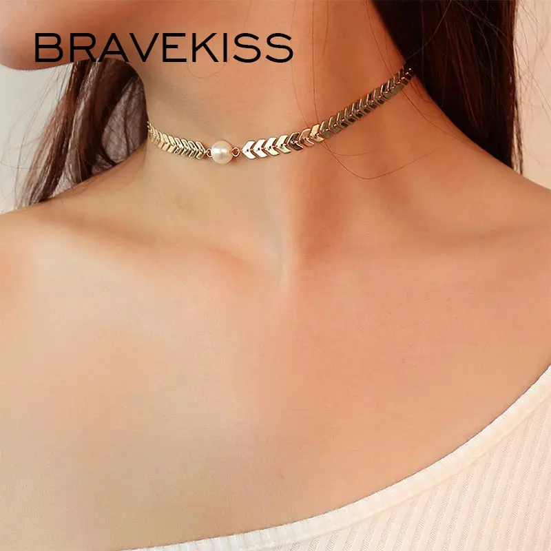 BRAVEKISS короткий лист стрелка с жемчугом Колье ожерелье Золотое серебро для женщин