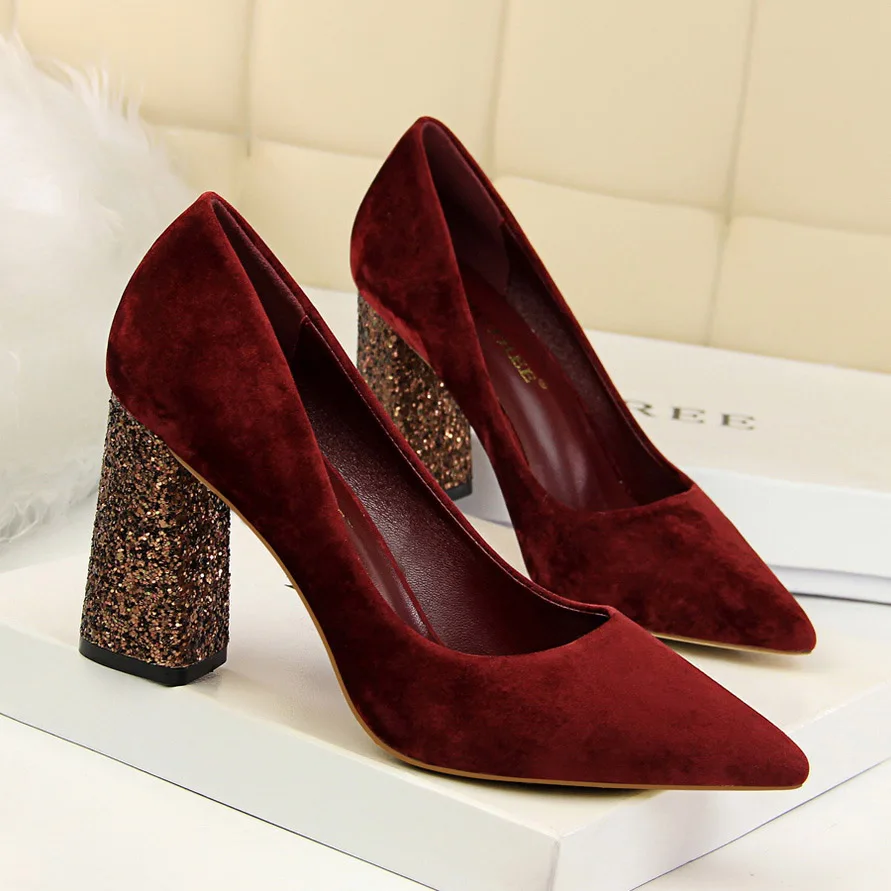Wine red 8.5CM BIGTREE/Женская обувь; коллекция года; летние туфли-лодочки на высоком каблуке; блестящие туфли на квадратном каблуке с блестками; пикантные модные свадебные женские туфли; scarpe donna tacco - Цвет: Wine red 8.5CM
