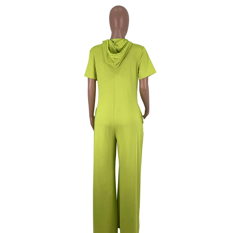 

Echoine Hooded Jumpsuit Ladies Summer Short Sleeve Solid Color Casual Wide Legs Bodysuit Loose Long Rompers Trousers Outfits