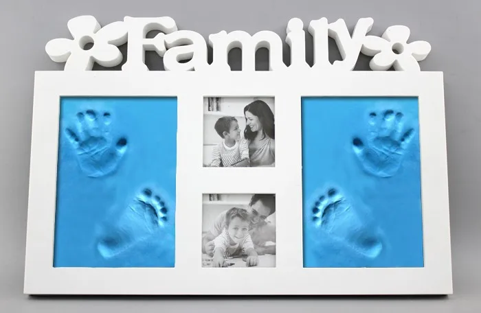 blue Пластиковая или деревянная фоторамка с отпечатком мягкой глины, сделай сам ребенок руки и ноги Печать рук отпечаток ребенка первый год украшение на день рождения - Цвет: blue