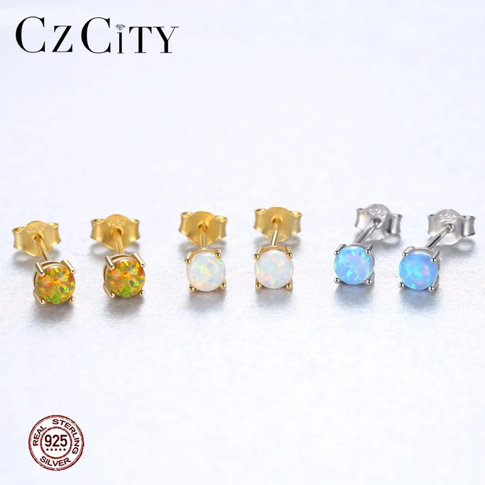 CZCITY из чистого 925 пробы серебра милые круглые серьги-гвоздики для женщин яркие маленькие серьги с опалом трехцветный набор бижутерии Brincos подарки