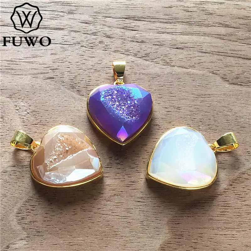FUWO модный Радужный кулон в форме Сердца Druzy граненый аура соединитель кварц с