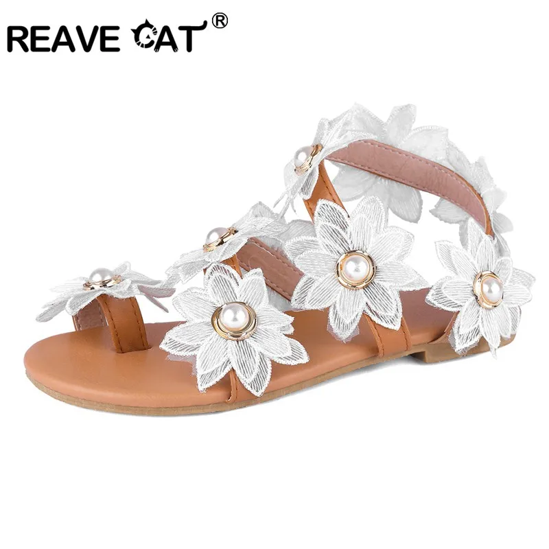 Женские пляжные сандалии REAVE CAT летние цветочные туфли на плоской подошве