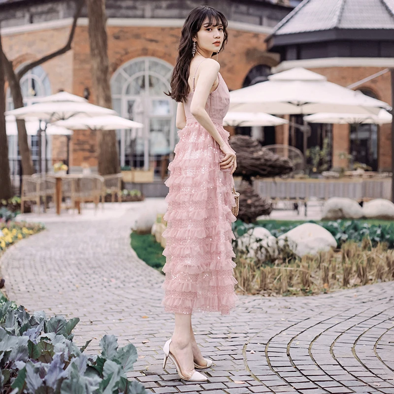 2019 летнее миди розовое платье женское с v образным вырезом без рукавов Сетчатое