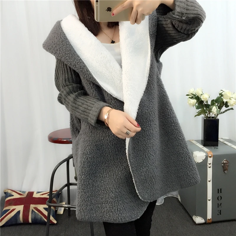 Women Fashion Sweater Cardigan Long Paragraph Lamb Hair Thick Loose Hooded Jacket Solid Color Winter Warm Wild Coat Best Gifts |