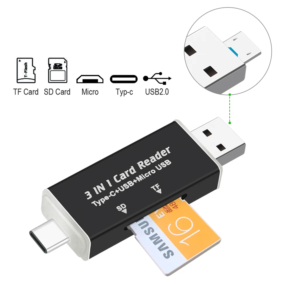 3 в 1 USB C OTG концентратор кард ридер Тип C/Micro USB/USB для Micro SD TF Macbook Android телефон ПК
