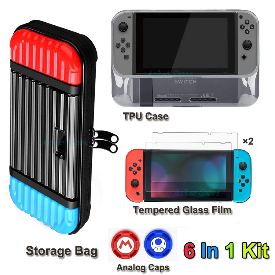 6 в 1 сумка для хранения Nintendo Switch + защитный чехол из ТПУ 2 пленки закаленного
