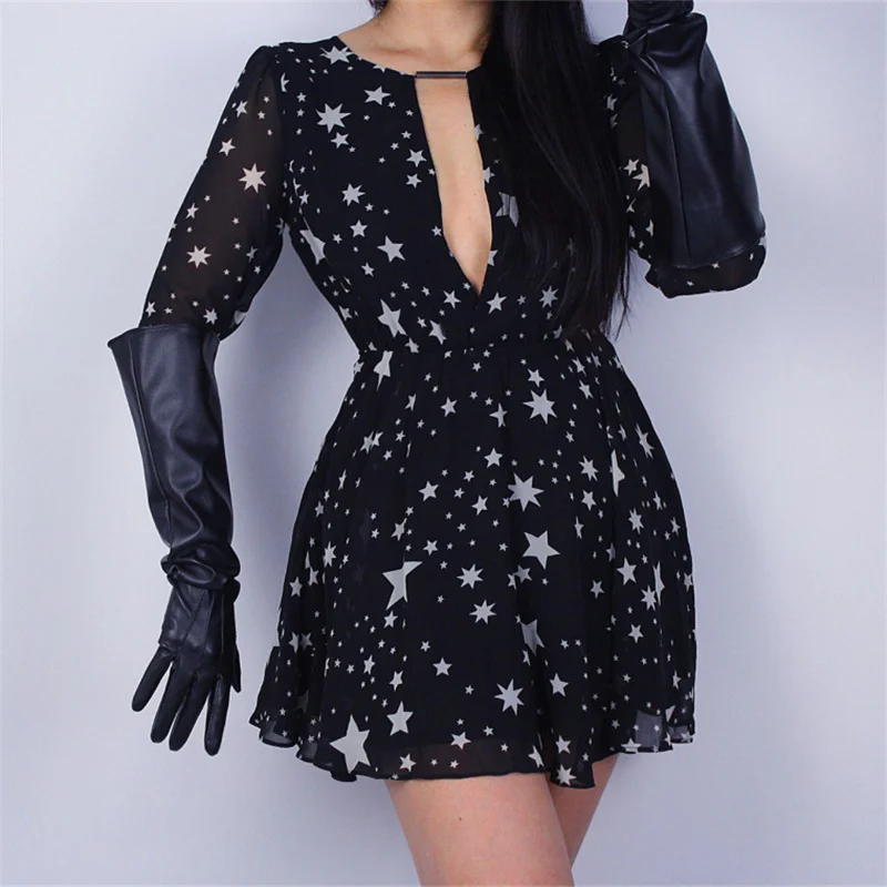 Fashion Hot Female Long Section Gloves Wide Cuff Simulation Leather Three Bars White Black 50cm Unisex T78 | Аксессуары для одежды