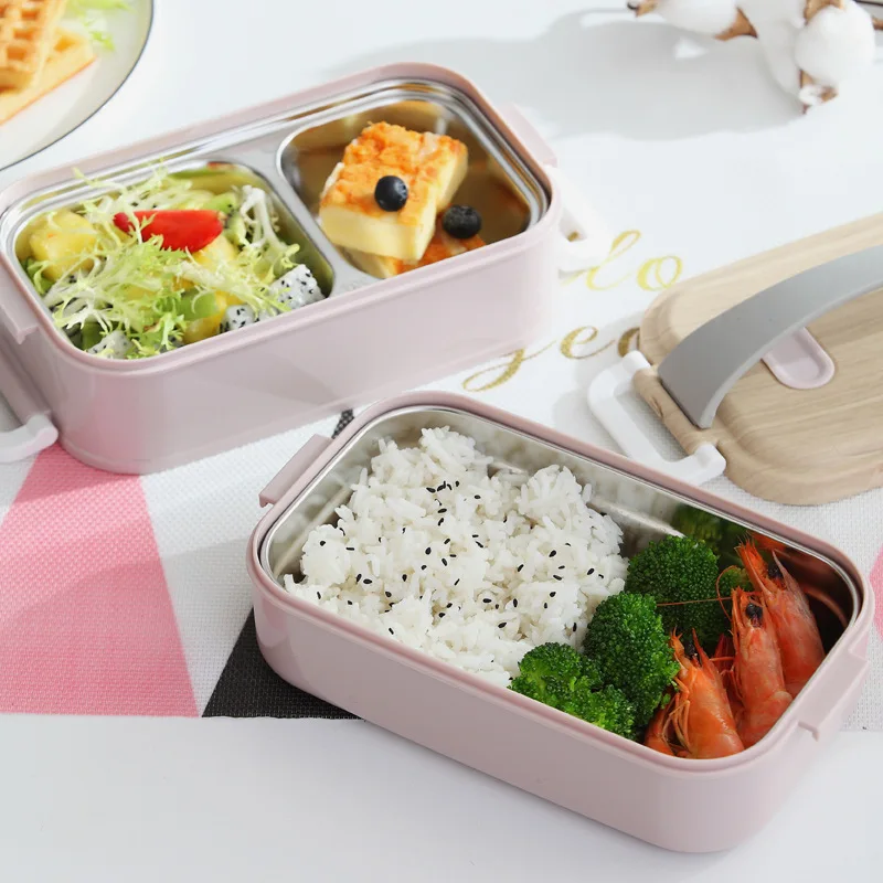 2 Ярусный Ланч бокс Bento деревянный из нержавеющей стали Портативный для