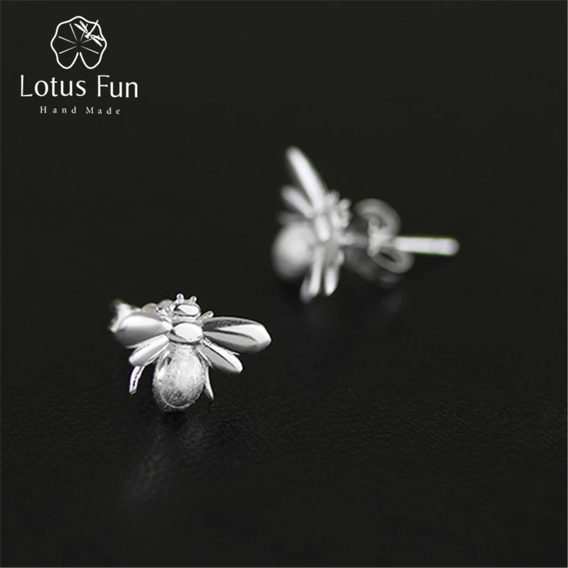 Lotus Fun реальные 925 Серебро Природный ручной дизайнер ювелирных украшений милые медоносных пчел серьги стержня для женщин brincos