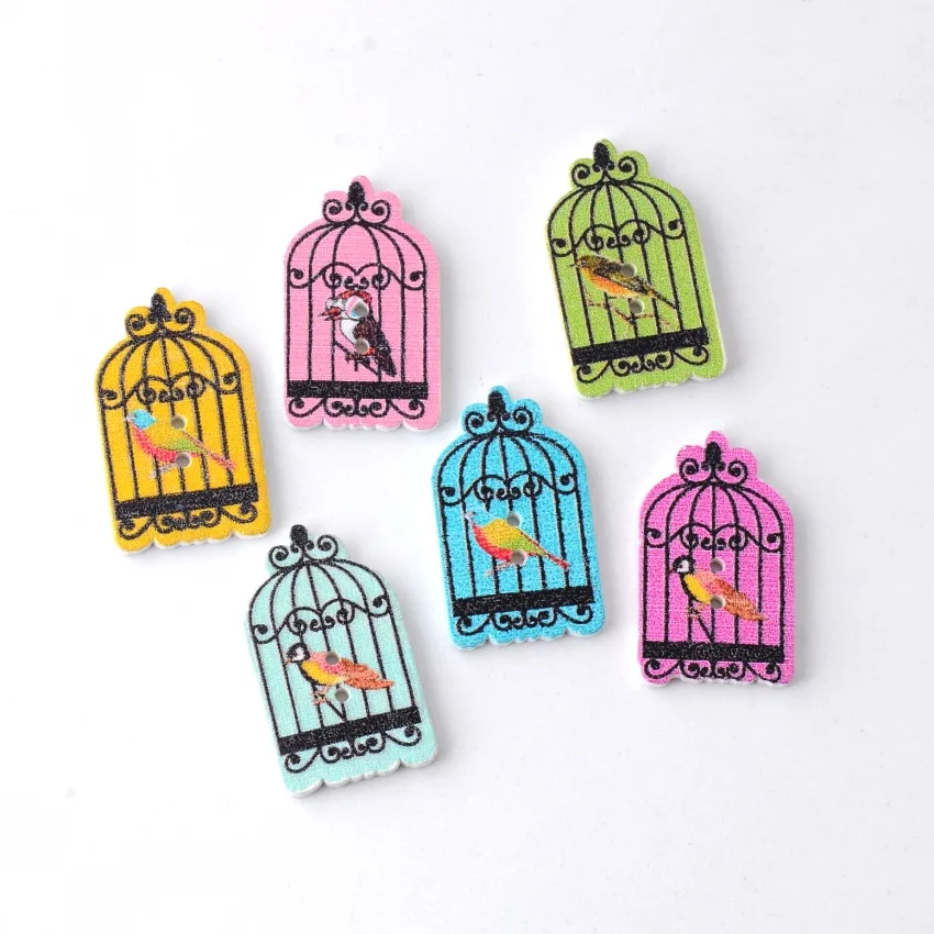 Free shipping -20PCs Round Random Mixed Lovely Cage Bird 2 Holes Wood Painting Sewing Buttons Scrapbooking 30x18mm | Дом и сад