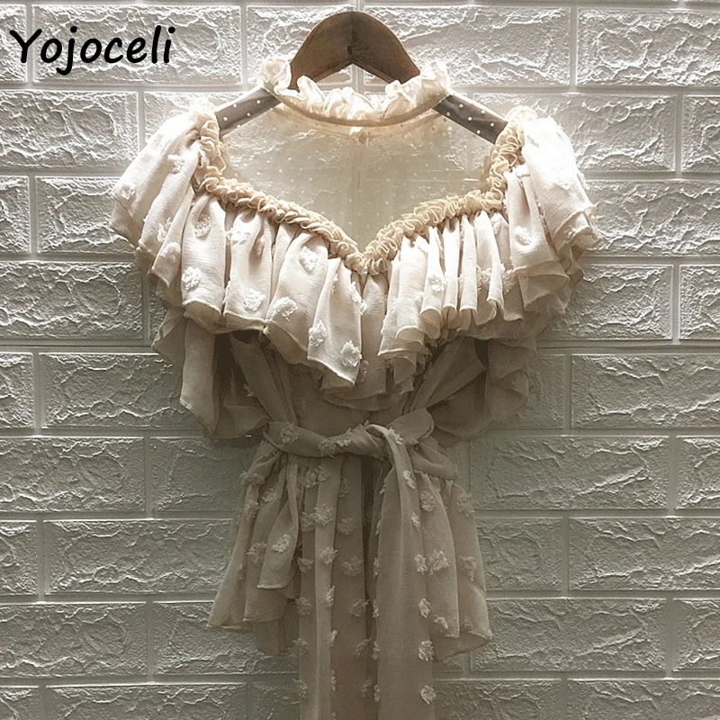 Женская шифоновая блузка Yojoceli в горошек с кружевным бантом для вечеринки Пляжная