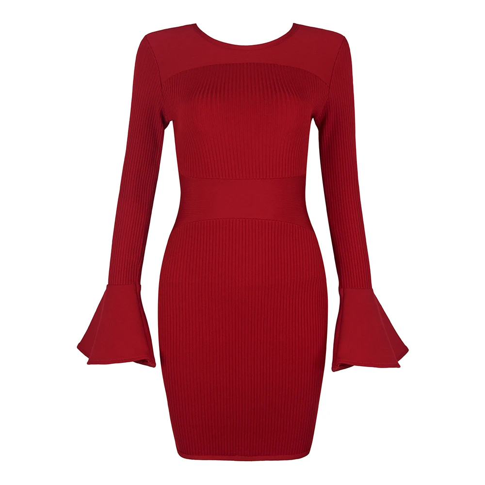 Новое Женское Бандажное платье с длинным рукавом винно-красного цвета круглым