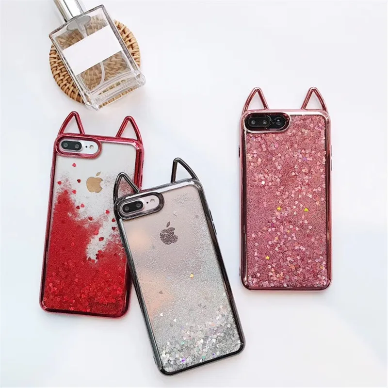 LAN чехол для iPhone 6S милый кошачьи ушки Блестящий песок Мягкий Жидкий 6 Plus 7 8 X Чехол