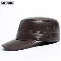 siloqin genuine leather hat with ears adjustable size mens sheepskin warm military hats autumn winter new flat cap brands caps