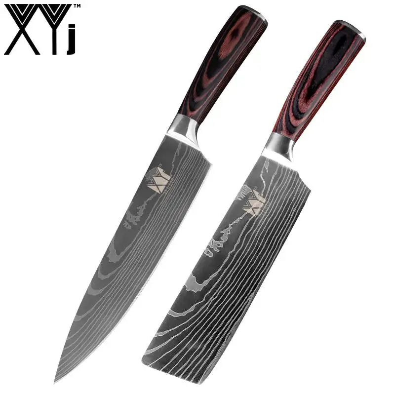 2 piece set XYj 7CR17 Нержавеющая сталь Кухня Ножи 7 дюймов разделочные Ножи Цвет деревянной ручкой Кливер Ножи для Пособия по кулинарии инструмент 8 ''шеф-повар Ножи - Цвет: 2 piece set