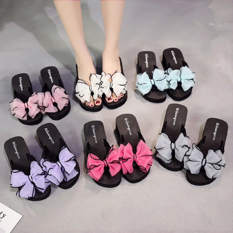 Женские шлепанцы на танкетке Taomengsi модные сандалии с бантом лето 2018|Боссоножки и