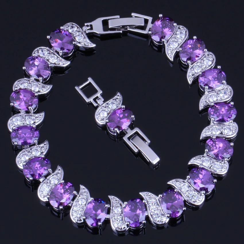 

Glittering Oval Purple Cubic Zirconia White CZ Silver Plated Link Chain Bracelet 18cm 20cm V0062