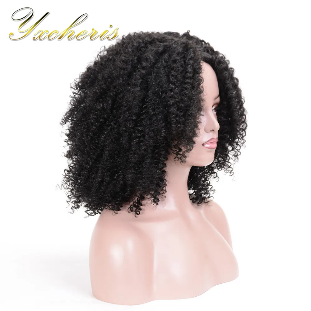 YXCHERISHAIR короткие Синтетические афро кудрявый вьющиеся Искусственные парики высокое температура волокно швейцарский кружево коричневый, черны