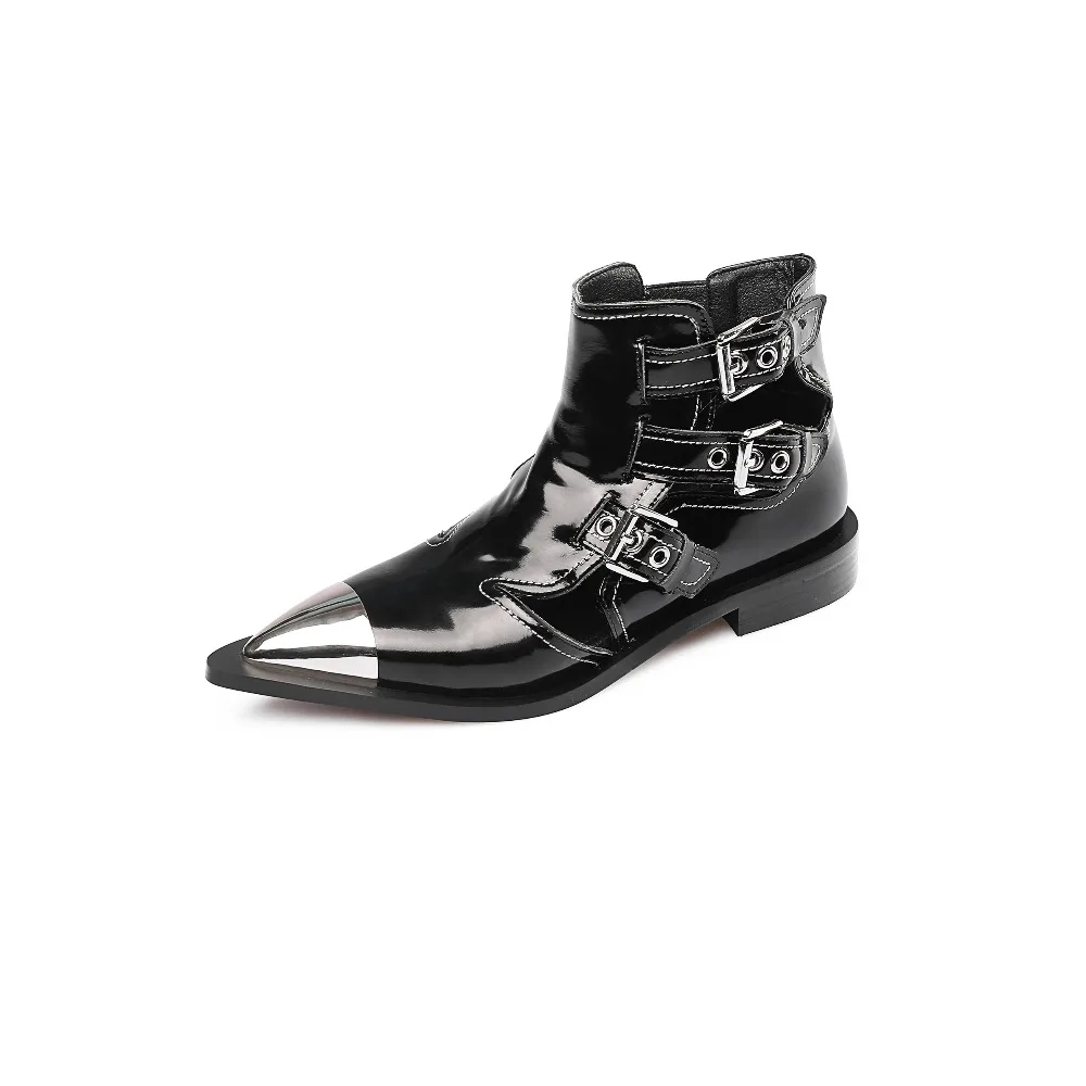 Studded Cow Leather Street Ankle Boots Buckles Women Flat Gladiator Boots Zapatos Mujer Ladies Punk Metal Toe Cap Shoes Size 43