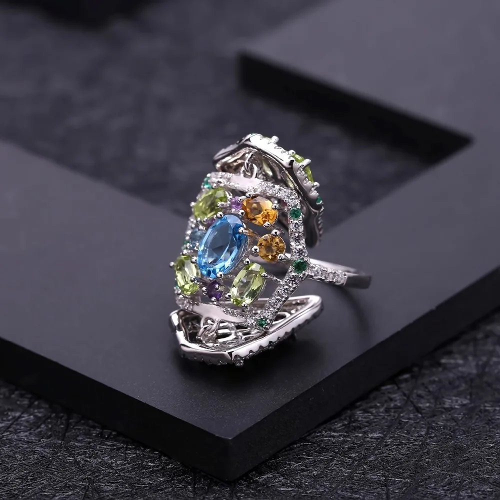 Разноцветное кольцо для балерины GEM'S с натуральным топазом женское из серебра