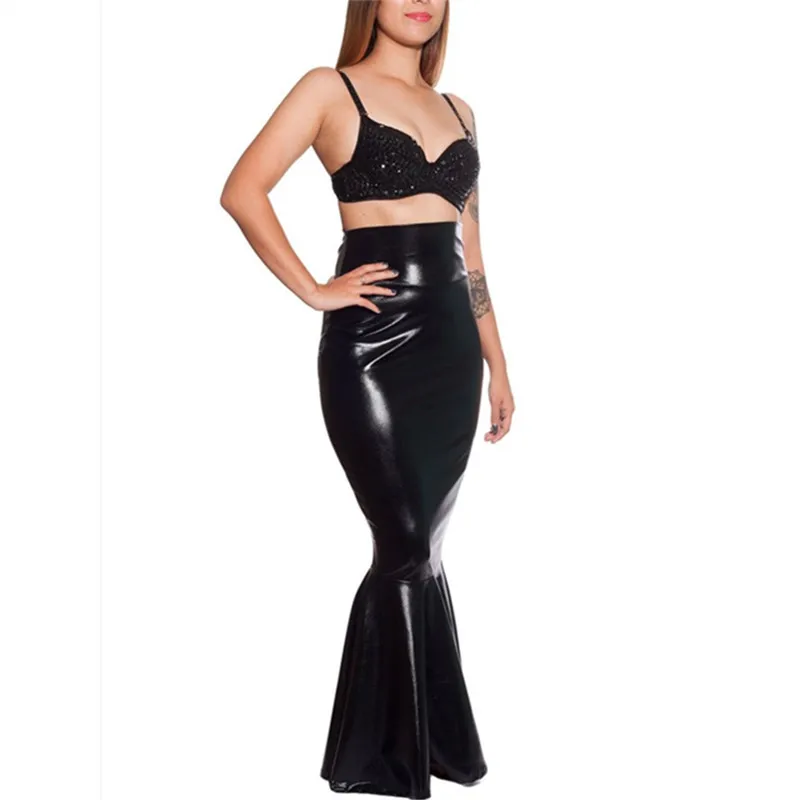 Новинка 2016 женские длинные черные юбки из искусственной кожи с высокой талией и