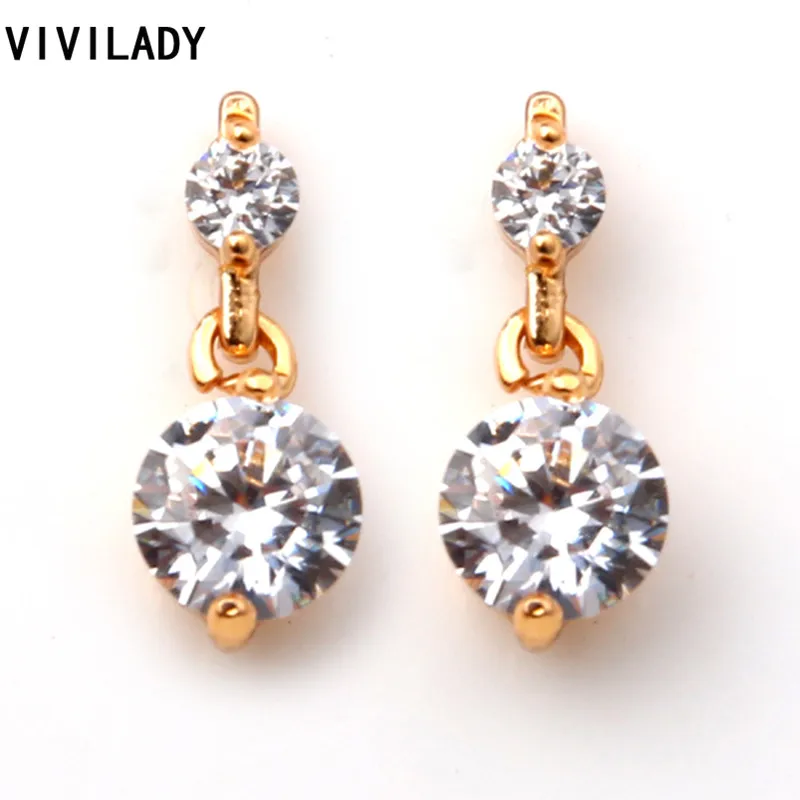 VIVILADY Модные прозрачные циркониевые серьги гвоздики с кристаллами золотого цвета