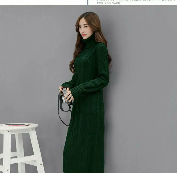 Deep Green Осень-зима Для женщин Мода Вязание Свитера, пуловеры платье дамы Jumper Винтаж шерсть водолазки с длинным рукавом плюс Размеры Топы - Цвет: Deep Green