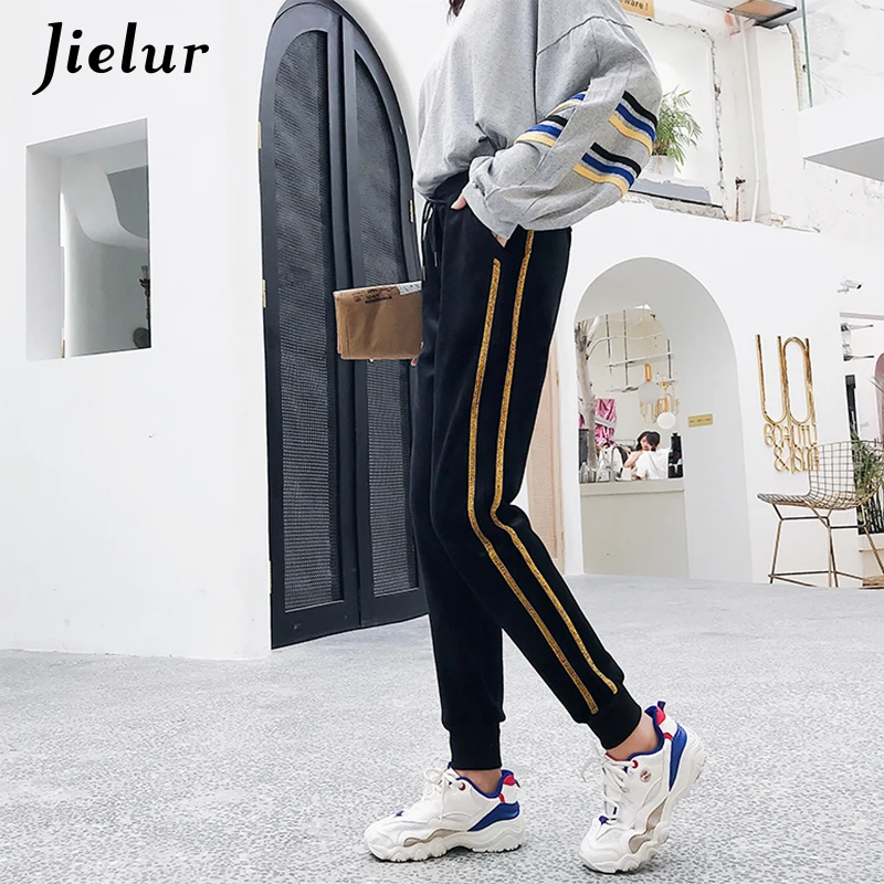 Женские теплые штаны Jielur золотистые/Серебристые полосатые бархатные шаровары