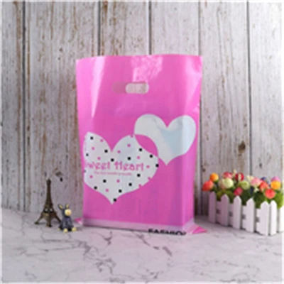 Pink lovely heart Цельность 50 шт больше размер рисунка Ювелирных изделий пластиковый мешок свадебный подарок толстый бутик подарок шоппинг упаковка пластиковые ручки сумки - Цвет: Pink lovely heart