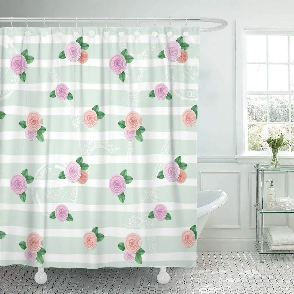 Pink Blossom Floral with Eiffel Tower Stamps and Roses on Stripped Collage Cute Cutout Decor Shower Curtains Bathroom Curtain | Дом и сад