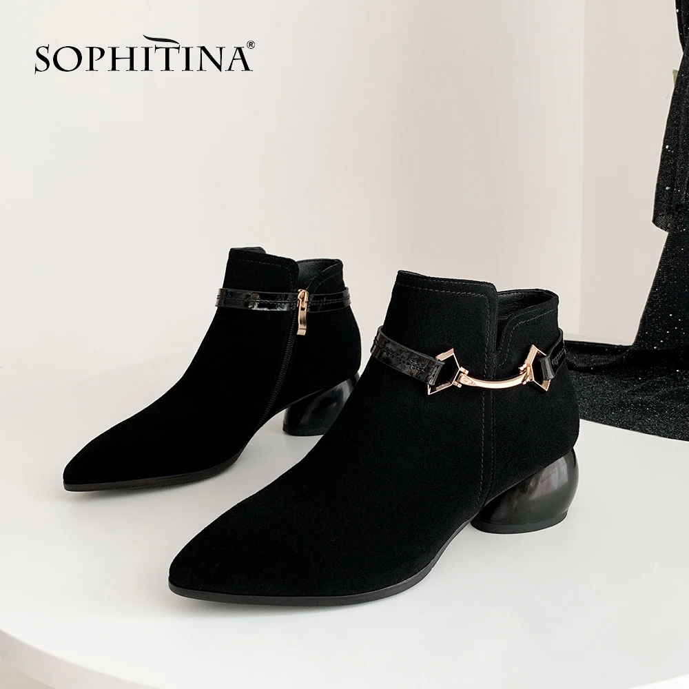 SOPHITINA Special Design Boots New Fashion Metal Decoration Comfortable Round Heel Sexy Pointed Toe Shoes Women's MO257 | Обувь