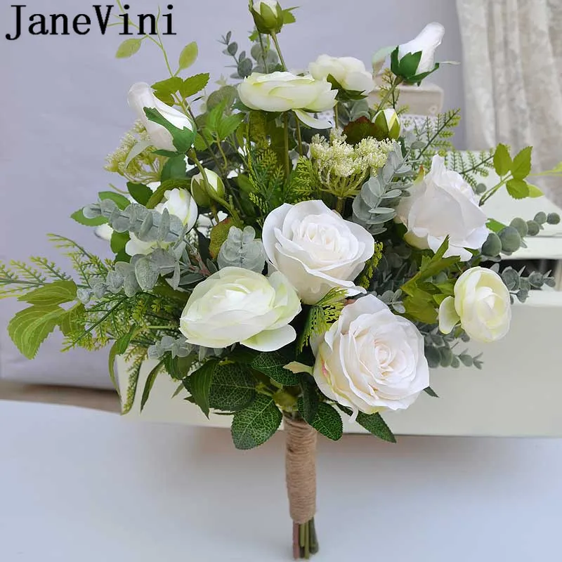 JaneVini Artificial White Flower Wedding Bouquet Bridesmaid Brooch for a Bride Silk Green Leaves Bridal Flowers Bukiet | Свадьбы и
