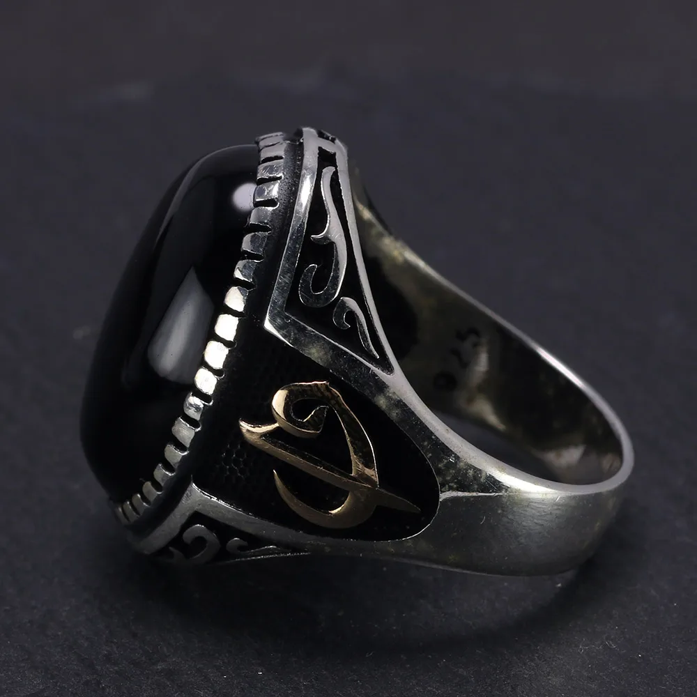 Большие 925 пробы серебряные перстни для мужчин арабский Elif Vav с натуральным камнем черный оникс тигровые глаза турецкий Бог ювелирные изделия