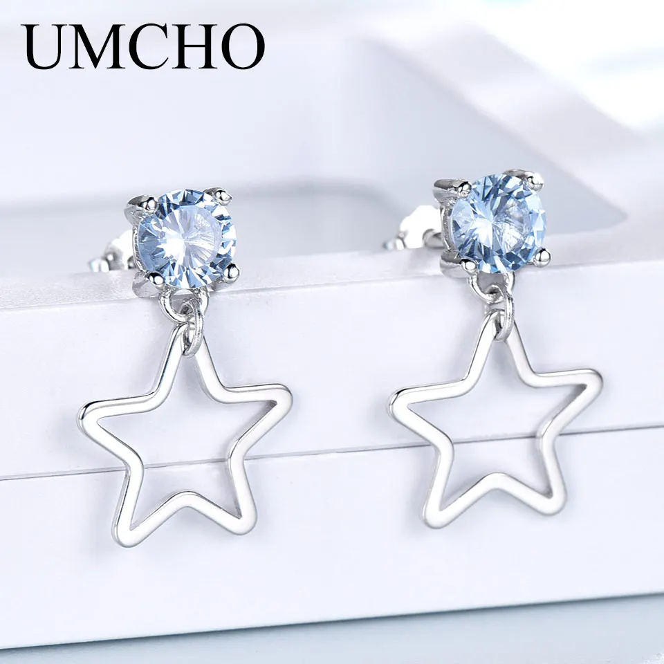 

UMCHO Real 925 Sterling Silver Drop Earrings For Women Fashion Star Earrings Blue Topaz Gemstone Party Christmas Gift For Girl