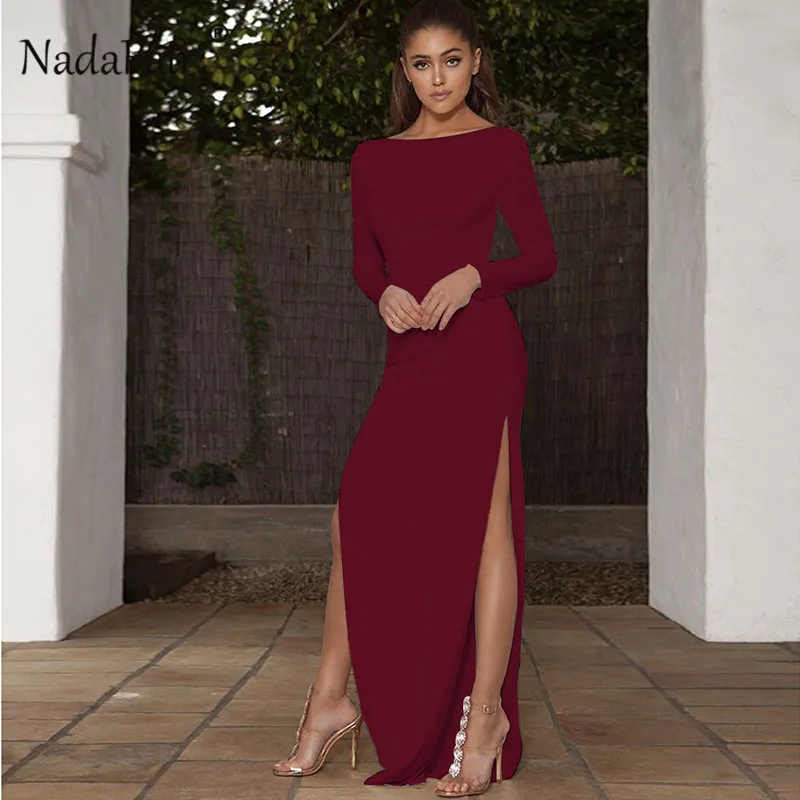 Nadafair, сексуальное вечернее платье с открытой спиной, vestidos, с длинным рукавом, с разрезом сбоку, облегающее платье макси, женское белое, черное, Элегантное Длинное Платье - Цвет: Бургундия