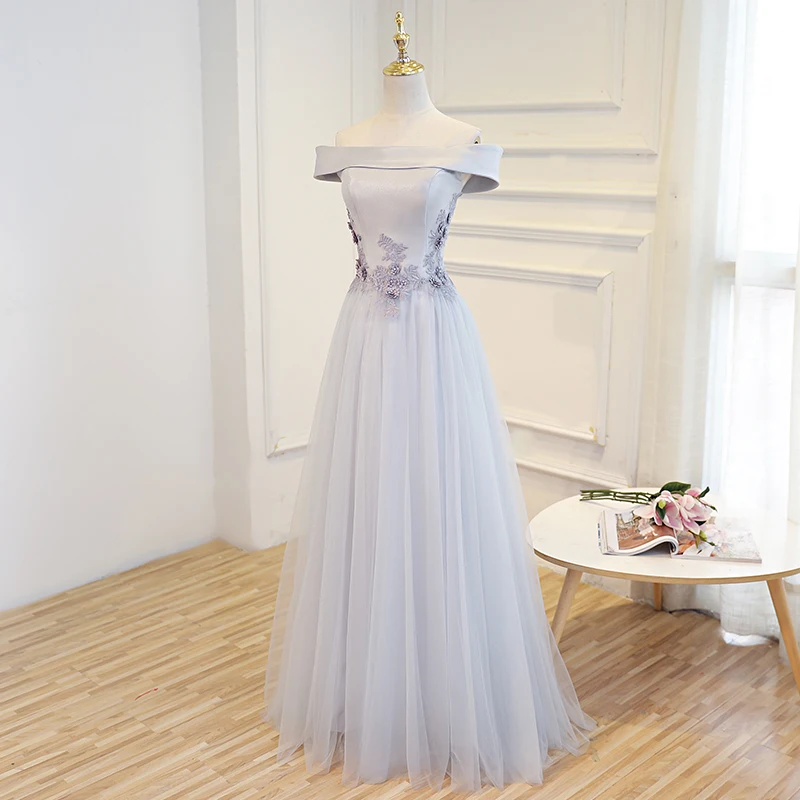 AnXin SH Pink flower lace new style boat neck satin slim a line evening dress hostess beading grey little black | Свадьбы и