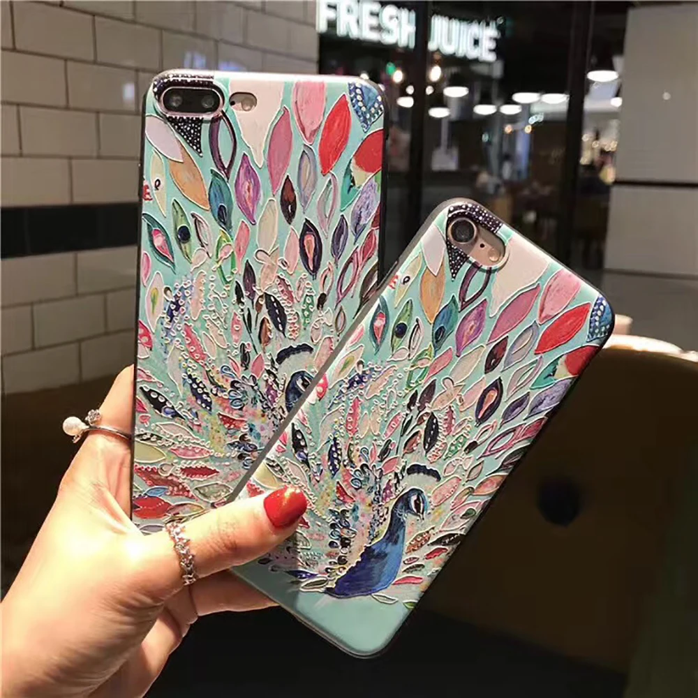 Eqvvol Luxury Phone Case For iPhone X 8 7 6 6s Plus Fasion Peacock Patterned Soft TPU Cases 10 5 5s SE Embossed Shell |