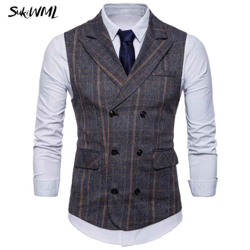 SUKIWML Coletes Masculino Social 2018 Новый клетчатый двубортный жилет приталенный мужской