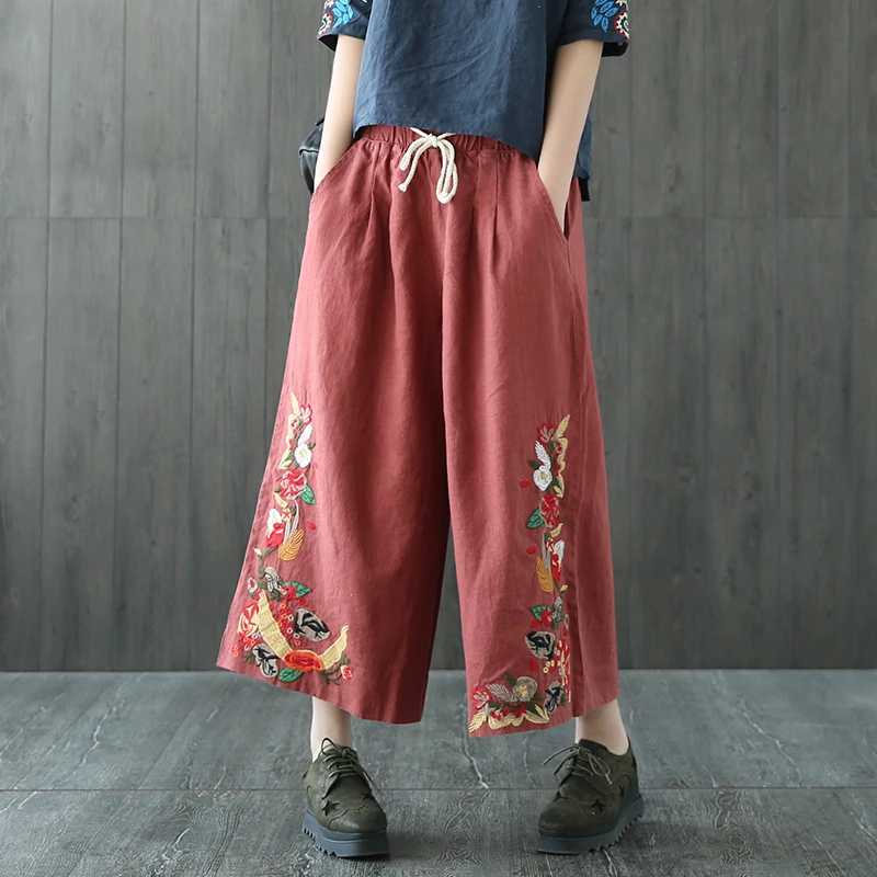 

Woman embroidery Trousers Cotton Linen Loose Trousers Wide Leg Pants Elastic Waist Vintage Womens Casual Harem Pants