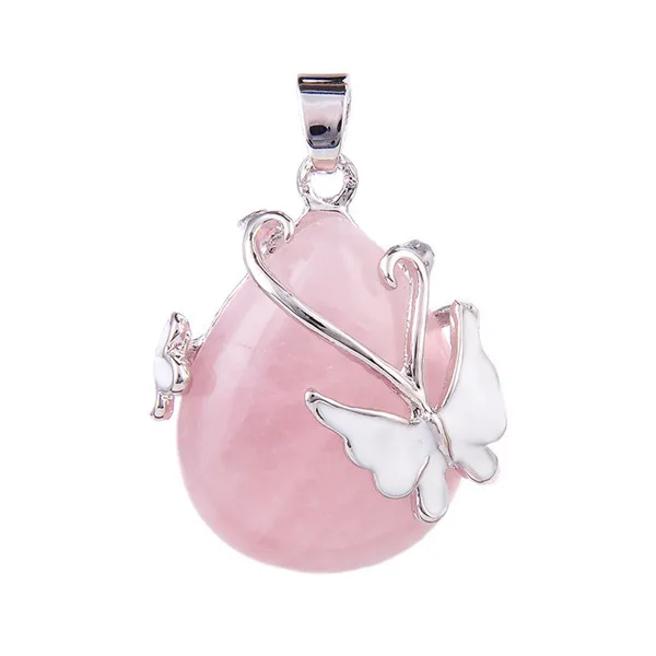 Pink Crystal Натуральный камень аметисты розовый Кварцевый Кристалл Опал Капли Воды эмаль бабочка подвеска нательная для женские ожерелья бижутерия - Окраска металла: Pink Crystal