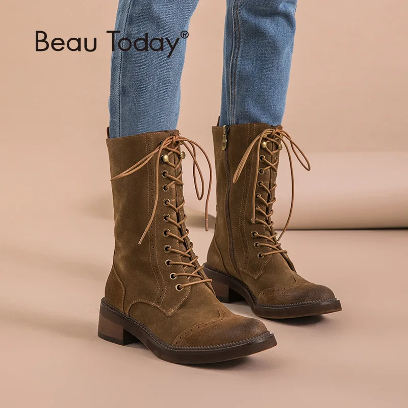 

Brogue Boots Women BeauToday Brand Boot Mid-Calf Good Quality Cow Suede Leather Handmade Autumn Winter Lady Shoes 02201