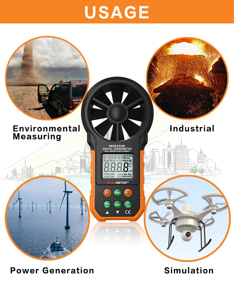 PEAKMETER MS6252B цифровой ветромер измеритель скорости тестер расхода воздуха Измеритель громкости температуры окружающей среды Влажность USB