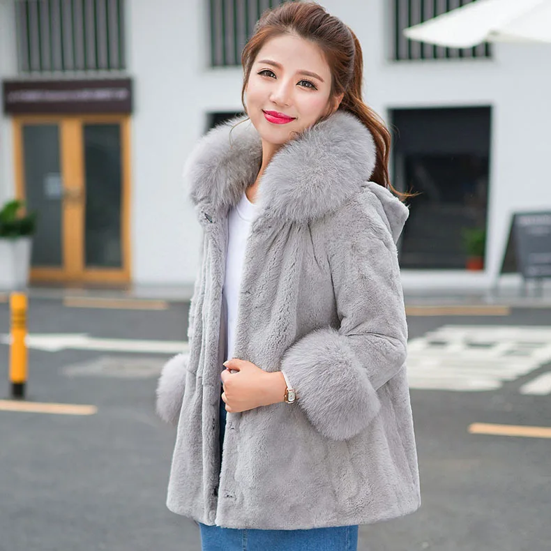 

Whole skin natural rex rabbit fur coats outerwear women loose fit 9/10 sleeve fur jackets with real fox fur collar and cuff