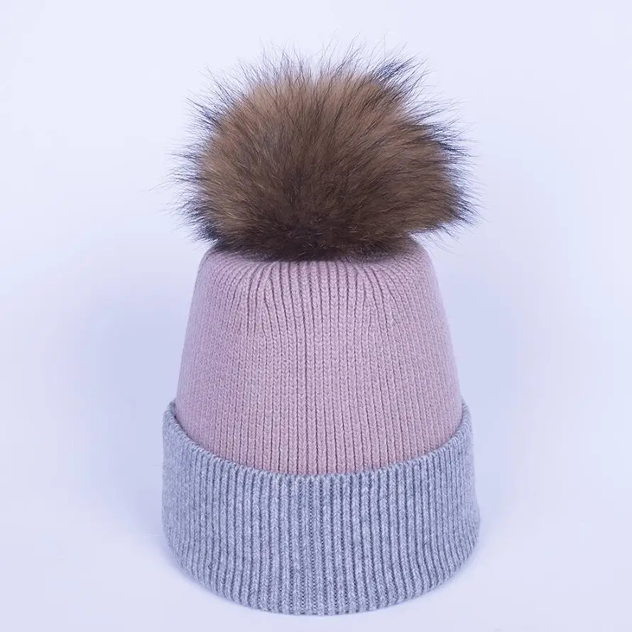 YC Fur, зимняя шапка, шапка для женщин, натуральный мех, помпон, шапки s, шапки бини, женские, двойные цвета, вязаные шапки из овечьей шерсти, шапки бини, Skullies, для девочек - Цвет: GREY PINK GOLD