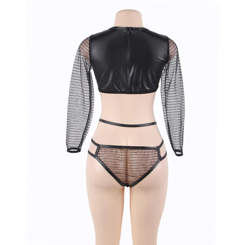 

Plus Size Sexy Lingerie Long Sleeve Mesh Fishnet Snug Fit Midriff Baring Crop Top with Brief Knickers Thong Set