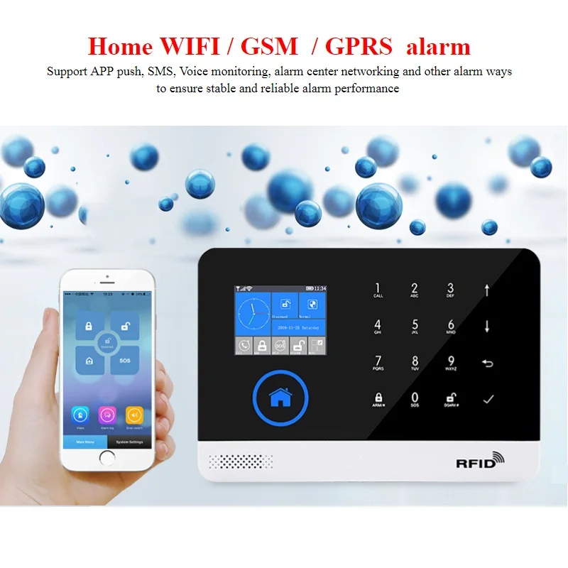 English German Switchable Wireless Home Security WIFI GSM GPRS Alarm system APP Remote Control RFID card Arm Disarm