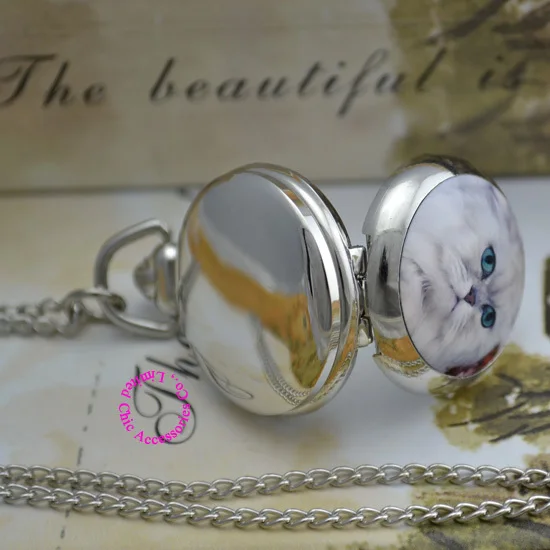 

wholesale buyer price good quality silver girl lady mirror cute white persian cat chain pocket watch necklace hour antibrittle