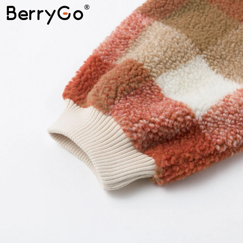 BerryGo повседневные женские толстовки из овечьей шерсти в клетку, свитшоты, пуловер с круглым вырезом, свободный женский свитер, осенне-зимнее женское теплое пальто